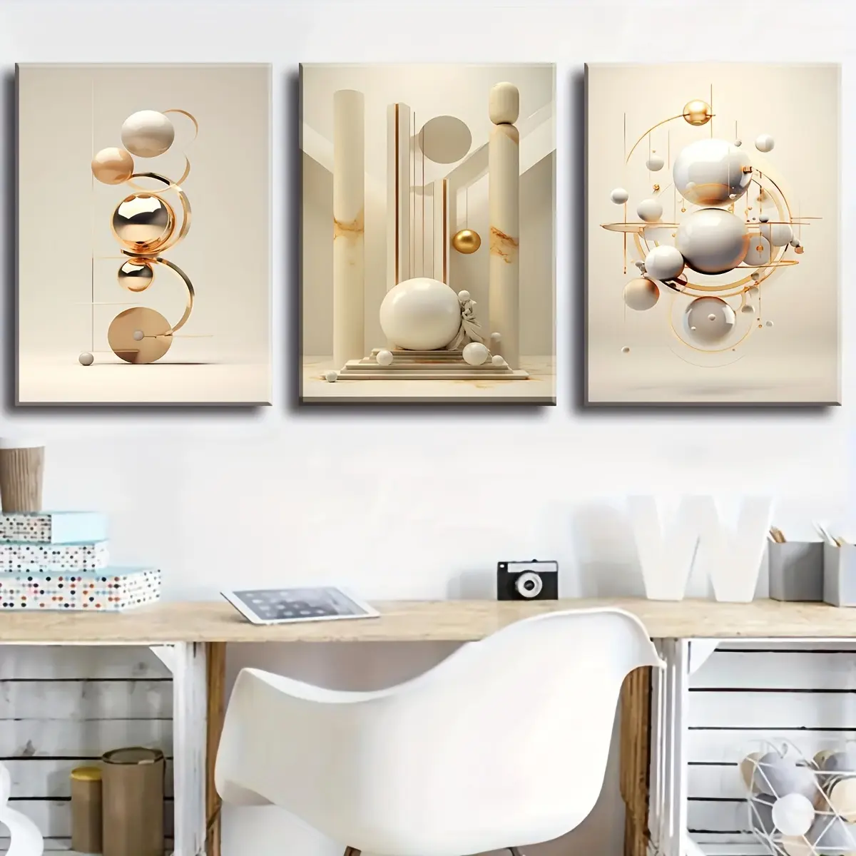 3-Piece Eco-Friendly Framed Canvas Poster Set, 8"x12"/12"x16"/16"x24" 8x12x0.75inch-Framed Modern Geometric Sphere Abstract Art, High-Definition 2D Flat Home Decor, Creative Gift for Room Wall Hanging