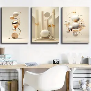 2D Flat Home Decor Gift 3-Piece Set Framed Canvas Poster, Modern Geometric Sphere Abstract Art Combination, Wall Decor Painting, High-Definition Printing, Creative Gift Hanging Ornaments Decoration Artistic Room