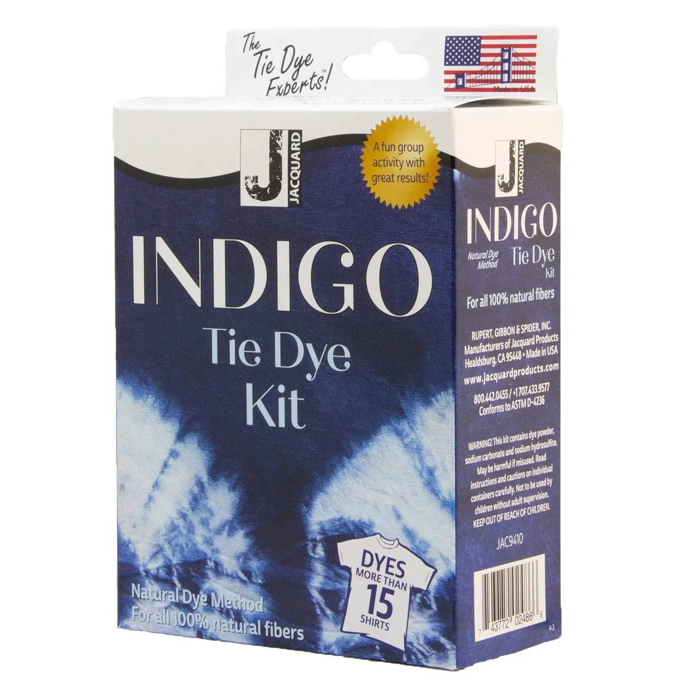 Jacquard Indigo Tie-Dye Kit with Resist Patterns, Beginner-Friendly Fabric Dye Set Including Pre-Reduced Indigo, Soda Ash, Hydro, Gloves, Rubber Bands, Wood Pieces
