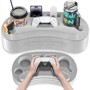 Couch Cup Holder Pillow Tray with 6 Slots, Gaming Pillow Couch Cupholder Tray with Armrest Cushion, Couch Caddy with Holders for Drink, Controller, Remote, Phone and Gaming Snacks