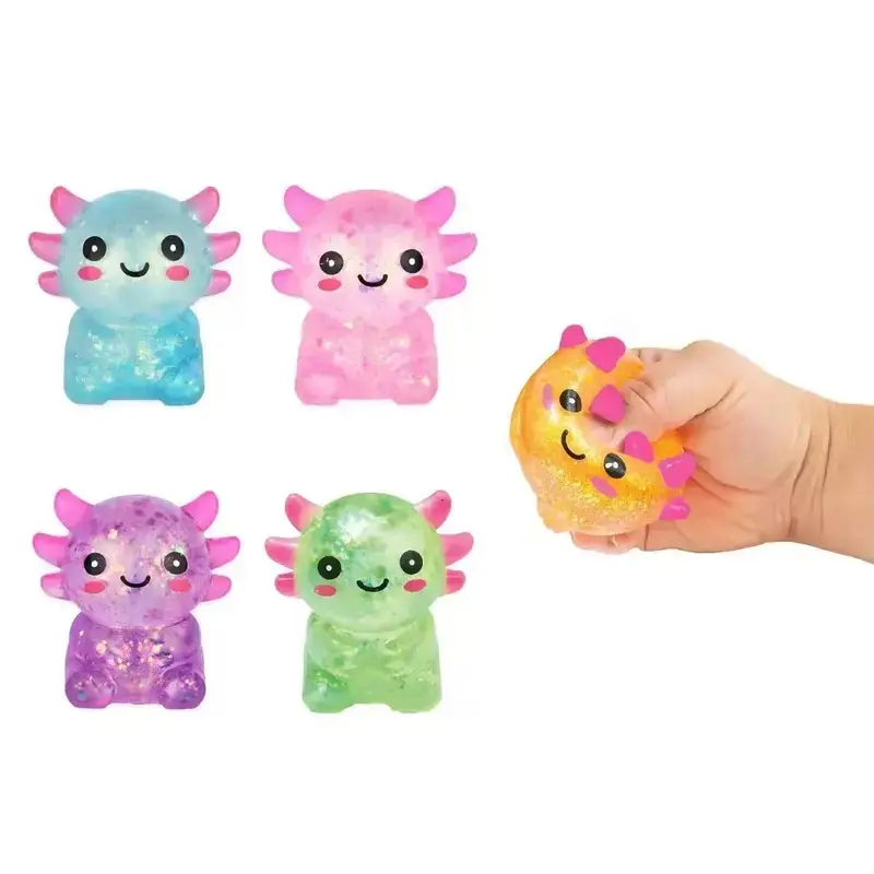 Unisex Axolotl-Shaped Pastels Glitter-Fill Sensory Stress Relief Toy - 4 Random Colors, Soft Taffy-Like Texture, Ultra-Soft Slow-Rebound Ball Included, Anxiety-Relief Gift for Children (Birthday, Holiday)