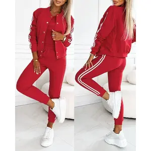 Q Women's 3 Piece Outfits Matching Sets Striped Tape Patch Tank Tops Button Front Jacket Cuffed Pants with Pockets Tracksuit Comfort Womenswear