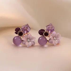 Purple Crystal Petal Earrings for Women High-End Luxury Fashion Accessories with Floral Design and Purple Beads