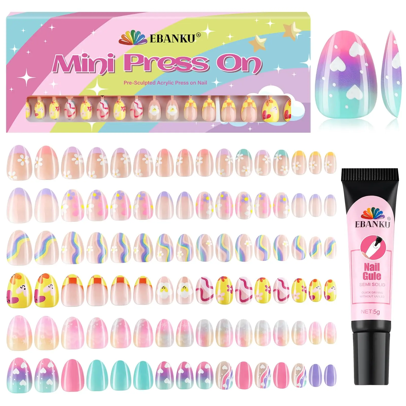 EBANKU Press on Nails Kit for Kids, 192 PCS 16 Sizes 6 Pack Kid Fake Nail Kit Colorful Flower Almond Fake Nail Tips for Girls 8-12 Years Old with Jelly Nail Adhesives & Nail Builder Glue Birthday Gifts Holiday Haul