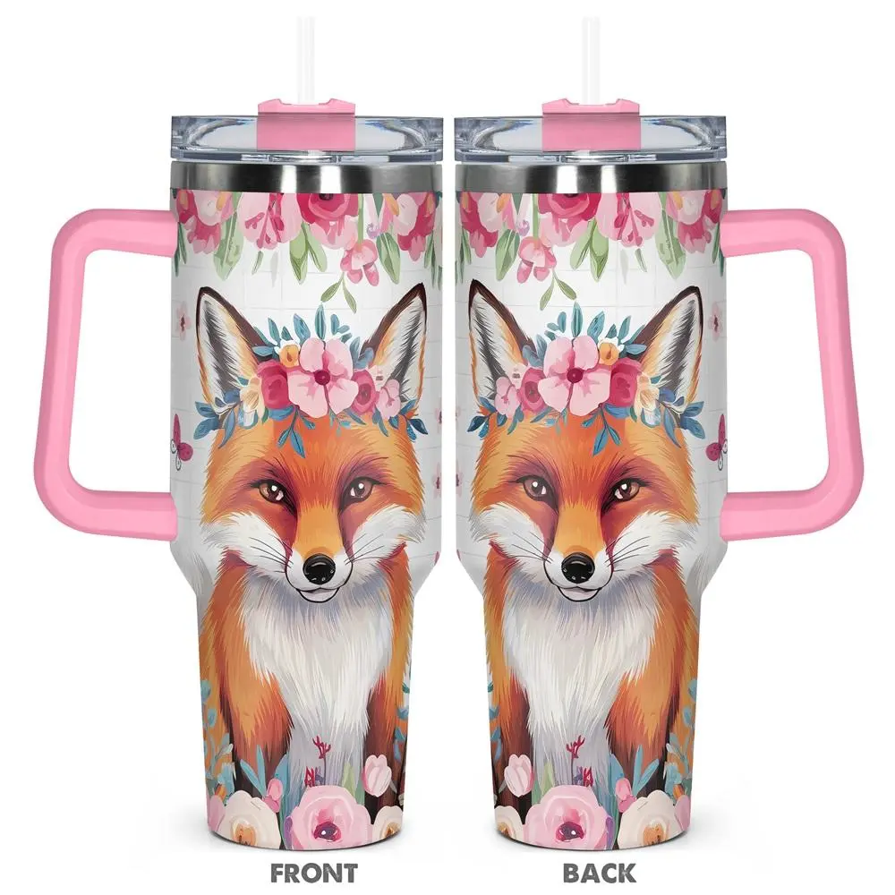 Floral Fox Pattern Tumbler, 1 Count 40oz Insulated Tumbler with Lid & Straw, Drinking Cup for Home Office School, Gift for Fox Lover, Drinkware