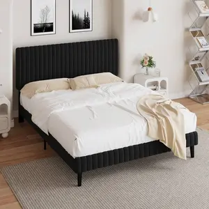 Velvet Upholstered Bed Frame With Vertical Striped Headboard & Footboard – Sturdy Metal Bed Frame, Wooden Slats Support, Modern Platform Bed For Twin/Full/Queen/King Mattresses, White/Black/Pink/Green/Blue