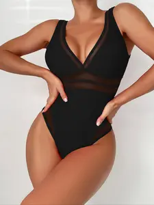 Women's Solid Sheer One-piece Swimsuit, Boho Deep V Neck Sleeveless One Piece Swimwear for Summer, Fashion Women's Swimsuit for Beach Holiday Vacation