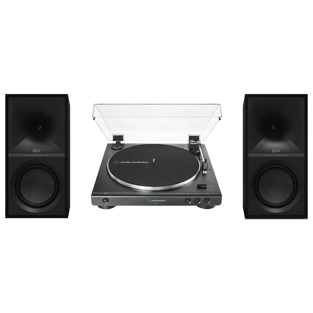 Klipsch The Sevens Vintage Metal Powered Speakers (Black) with 60X-BK Fully Automatic Belt-Drive Stereo Turntable Bundle - Digital Streaming, Remote Control Included