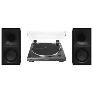 Klipsch The Sevens Vintage Metal Powered Speakers (Black) with 60X-BK Fully Automatic Belt-Drive Stereo Turntable Bundle - Digital Streaming, Remote Control Included