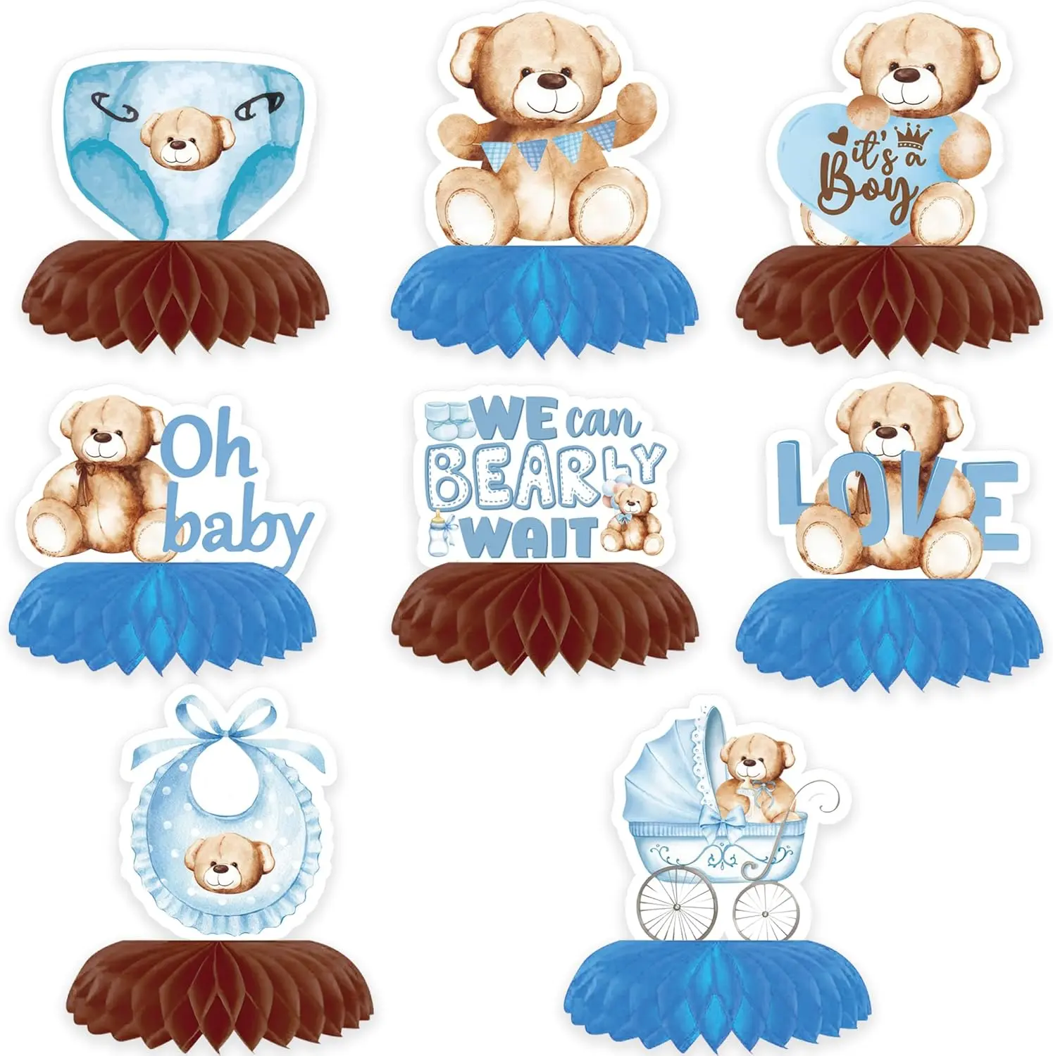 Unisex 8-Pcs Durable 3D Honeycomb Bear Party Decorations - Double-Sided Cardstock Ornaments with Flower Accents, Easy Install Home Supplies for Child Birthday, School Festive Events, Gifts