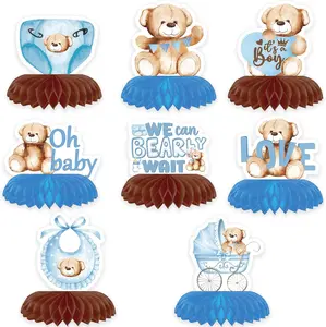 8-Piece 3D Honeycomb Bear Centerpieces - Double-Sided Cardstock Decor for Baby Showers, Gender Reveal Parties & Kids Events