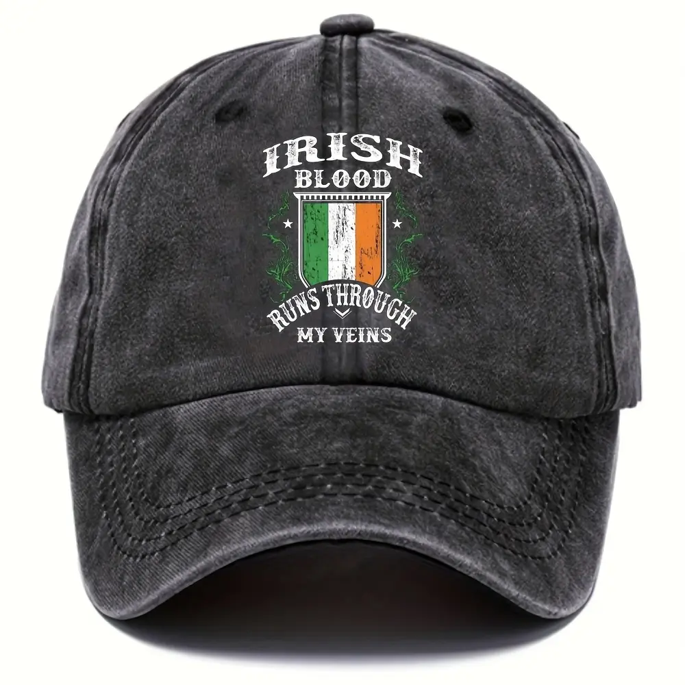 S&T Vintage Irish Baseball Cap - Adjustable drawstring cap with the Irish flag and "Irish Blood, Irish Heart", exclusive for St. Patrick's Day, non-elastic fit - All-season outdoor casual headwear (hand wash only) - Unisex vintage hat, breathable fabric