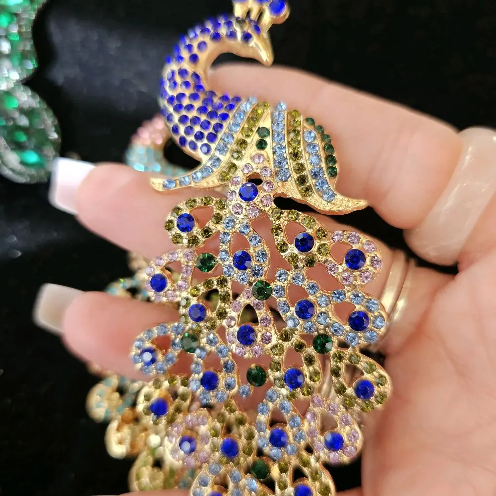 Xlarge Blue Peacock Pendant with Intricate Rhinestone Details and Gold Tone Accents