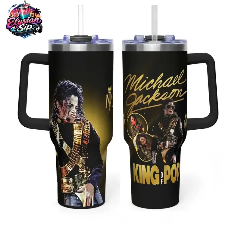 [King of Pop Music Fan Style] Michael Inspired 40oz Tumbler with Handle, Iconic Singer Movie Theme Stainless Steel Insulated Travel Mug, Leakproof Coffee Cup Gift for Music Lovers & Fans