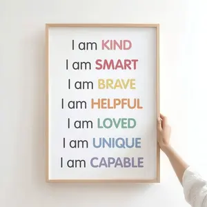 Positive Affirmations for Kids Poster, I Am Affirmation Wall Art, Classroom Decor, I Am Kind Brave Playroom Poster, Growth Mindset Decor