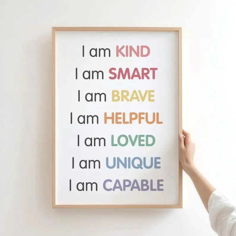 Kids' Positive Affirmations Paper Poster Photo - I Am Kind Brave Print, Growth Mindset Bathroom Wall Art, Mountable Classroom Decoration