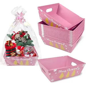 42 Pack Christmas Baskets for Gifts Empty, 14 pcs Pink Christmas Gold Christmas Tree Gift Boxes with Clear Basket Bags and Pull Bows Cute Basket for Xmas Holiday Birthday Party Wedding