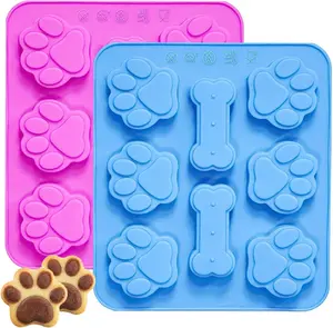 2 Pack Silicone Molds with Puppy Dog Paw and Bone Shaped 2 in 1, Reusable Non-Stick Ice Cube Trays & Flexible Candy Chocolate Molds for Homemade Dog Treats, Pudding