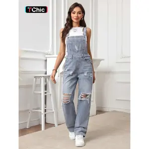 Women's Plain Pocket Ripped Denim Overall Jumpsuit, Casual Adjustable Strap Button Straight Leg Overalls for Daily Wear, Ladies Clothes for All Seasons, Casual Comfy Overalls(gift)