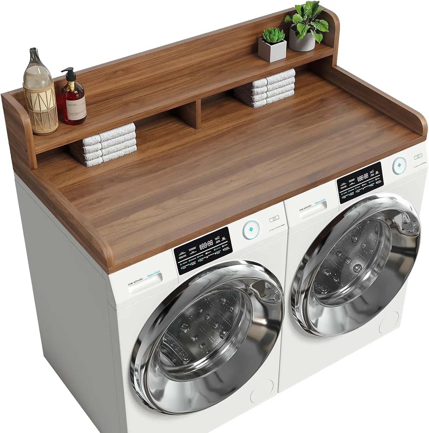 Laundry Countertop, 2-Tier Single Unit Dark Walnut Wood Finish Rectangular Washer Dryer Topper (54x27.55in), 2.75in H Edge Rails, Non-Slip Pad for Clothes Folding
