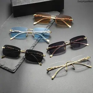 Retro Unisex Frameless Sunglasses, Rectangle & Square Shades with Stylish Metal Temple