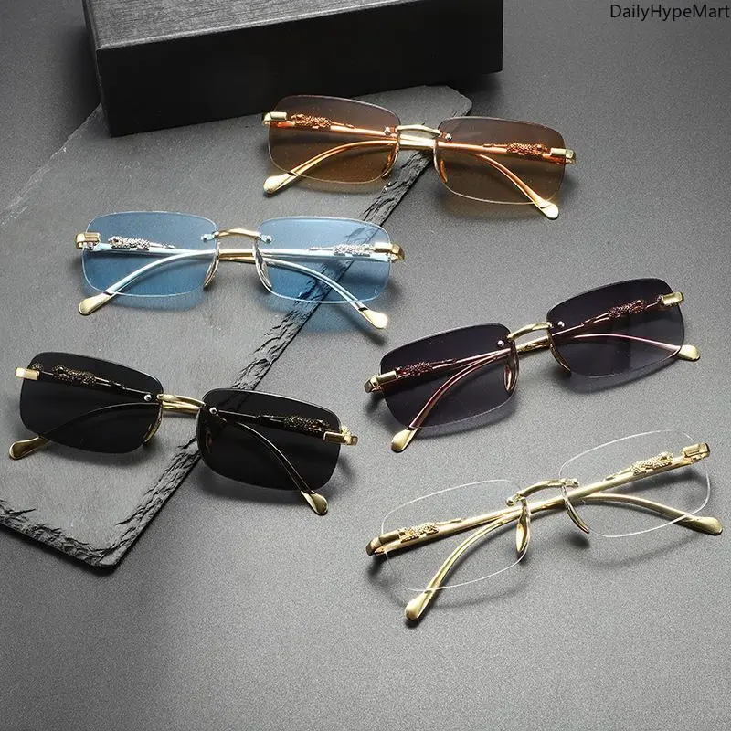 Retro Unisex Frameless Casual Sunglasses - Square Framed, Trendy Square Shapes, Stylish Metal Temples, Tinted Lenses Vintage Fashion Accessory Set, Square Framed Sunglasses