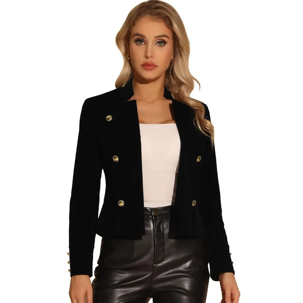 INSPIRE CHIC Women's Vintage Stand Collar Open Front Button Decor Velvet Jackets, Party, Normal Type, Long
