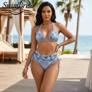 Briza｜Women's Halter Triangle Bikini Set Faux Denim High Waisted Two Piece Swimsuit Side Tie Bottoms Bathing Suit Beachwear Summer Vacation Swimwear, Women's Swimwear, Bathing Suit for Women, Two Piece Bathing Suit, Beach Pool Summer Vacation