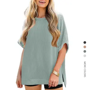 Danedvi Plus Size S-3XL Womens Oversized T Shirts Summer Casual Loose Fit Striped Knit Batwing Sleeves Tunic Tops Crewneck Blouse