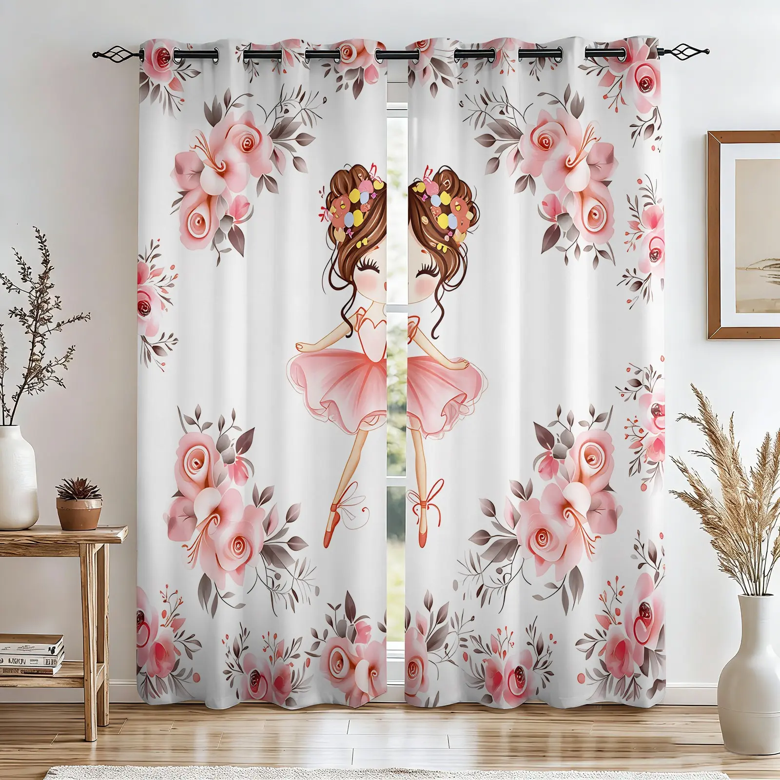 Coquette Aesthetic Pink Ballerina Curtains, Sweet Princess Style Blackout Drapes with Watercolor Rose Print for Teen Girls Bedroom Decor