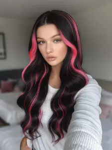 28-Inch Black & pink Long Wavy Wig,13X4 Lace Front wigs High-quality synthetic heat-resistant fibers wig Machine Made Wig Natural Looking Synthetic Hair Wig, Suitable For Women Daily, Party, Cosplay, Christmas