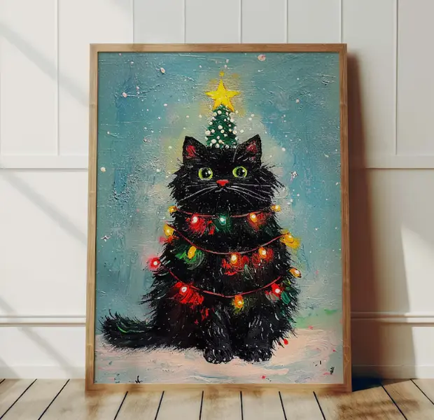 [25% OFF] [UNFRAMED]    Black Cat Christmas Tree Oil Painting Altered Merry Christmas Funny Cat Poster Funny Xmas Home Decor Holiday Gift For Christmas