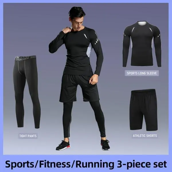 Men's 3-Piece Compression Tracksuit Set - Amazon Workout Set, Athletic Apparel with Compression Shirt, All-Season Quick-Dry Tight-Fit for Gym, Running