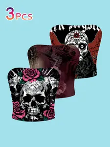 3-Pack Gothic Skull Rose Tube Tops, Slim-Fit Short Sleeve Casual Wear, All-Over Print Inner Outerwear, Halloween Party Fashion Top
