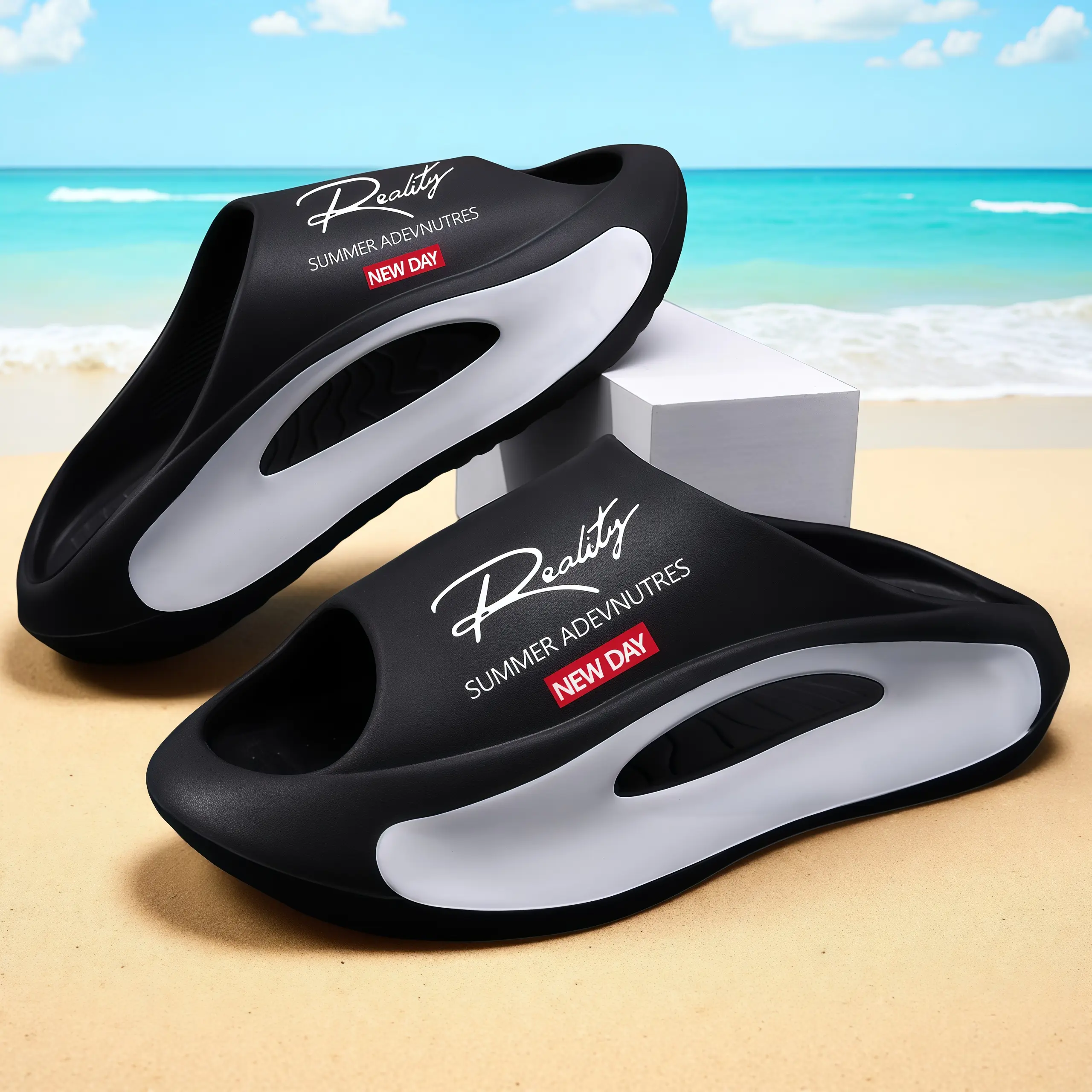 Reality Summer Flip-Flops with New Day Letter Print – Arch Support & Anti-Slip Bottom for Modern Men