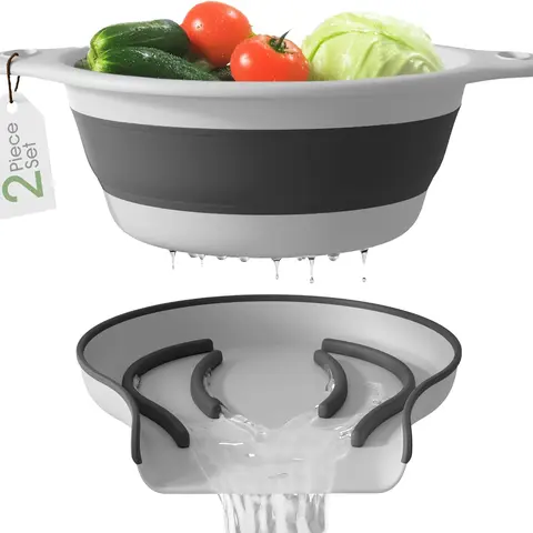 Gevoli Collapsible Colander Strainer, Includes Over-sink Countertop Draining Base (5QT) Large Kitchen Drainer for Vegetables Fruit and Pasta, Round Foldable Draining Basket, Easy Storage