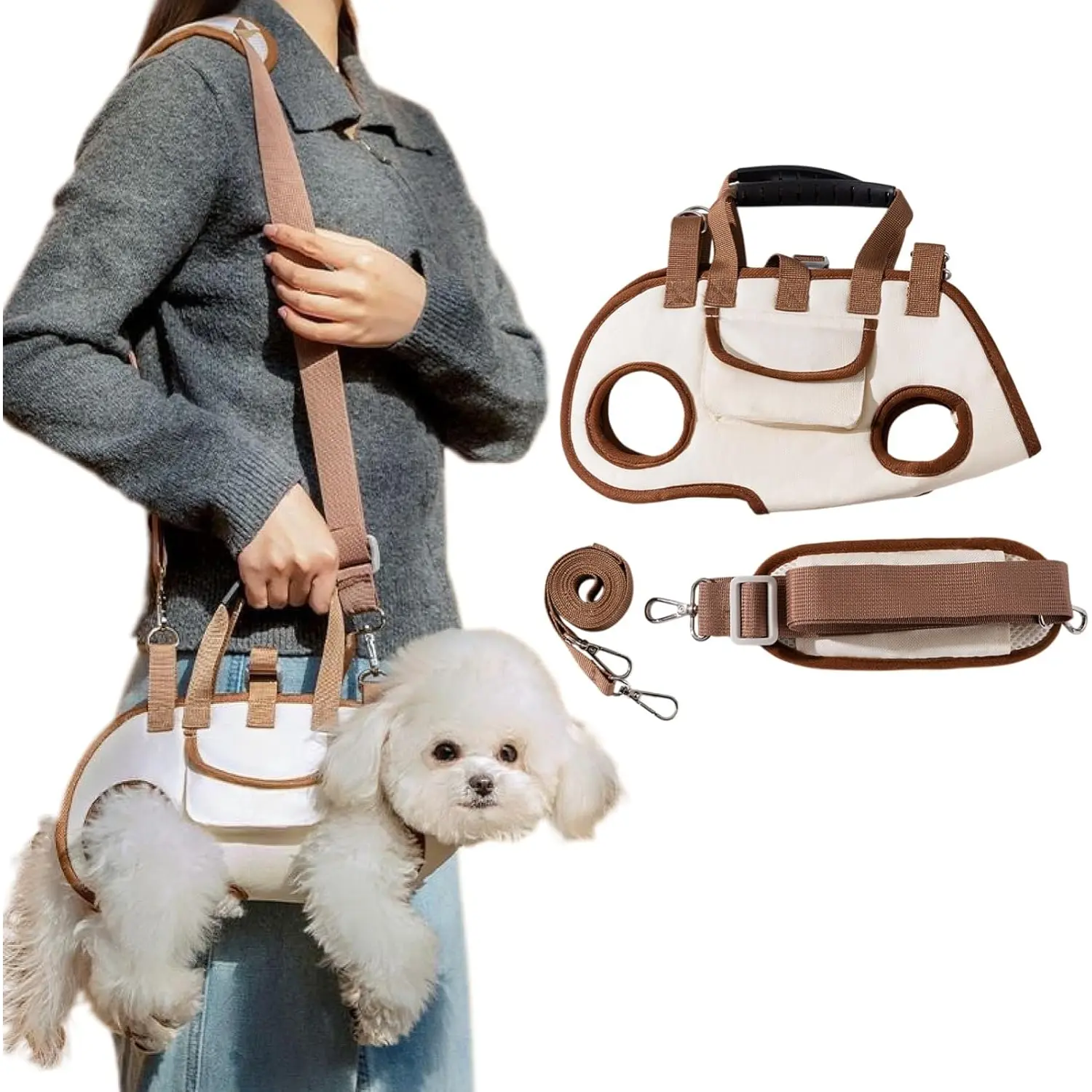 Dog Full Body Lift Mesh Harness - Leads & Harnesses, Hands-Free Crossbody Shoulder Yorkie Carrier, Adjustable Breathable Vest Straps, Built-in Safety Features, Great Airflow, Puppy Treat Bag