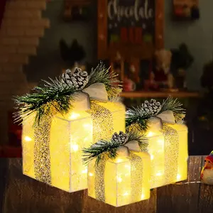 Set of 3 Christmas Lighted Gift Boxes, Pre-lit 60 LED Light Up Present Boxes Ornament Outdoor Warm White Tinsel Boxes Decoration for Christmas Decor