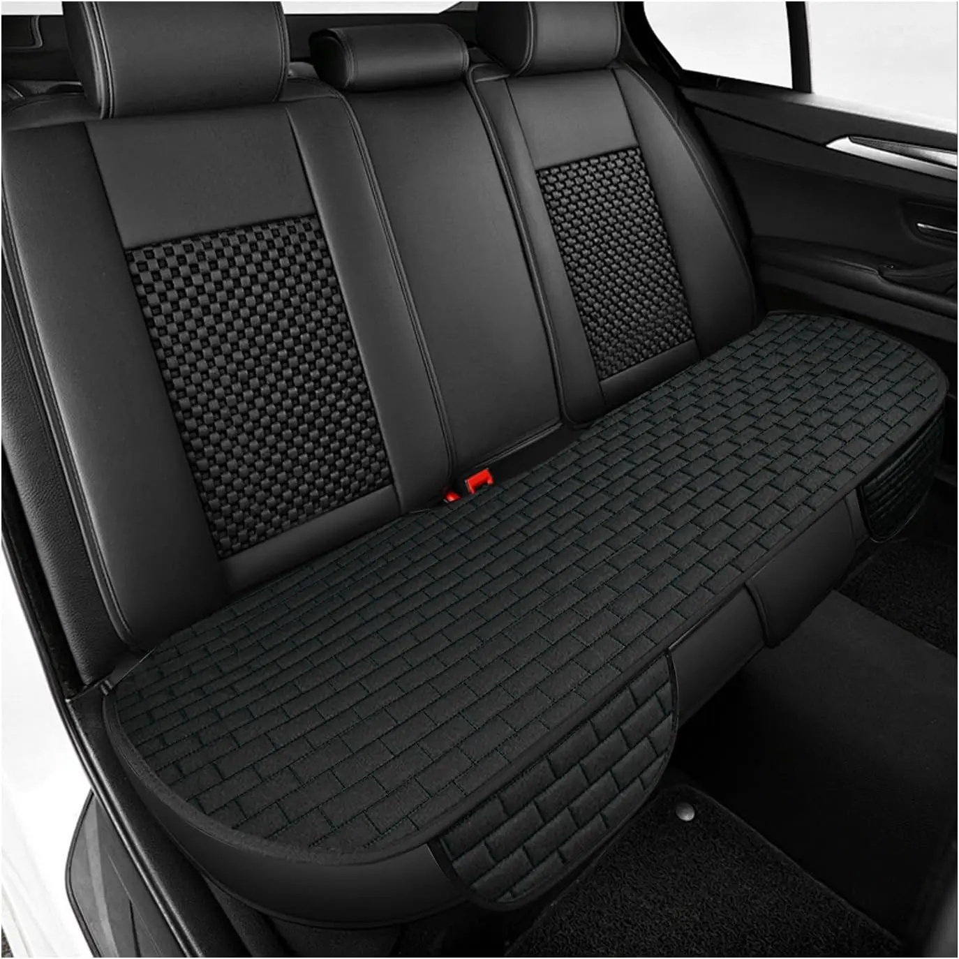 Car Back Seat Cover, Anti-Slip Bottom Auto Bench Seat Cushion Pad Comfortable Cover with Storage Pockets, Breathable Linen Rear Seats Protector for Most Cars Trucks SUVs (Black)