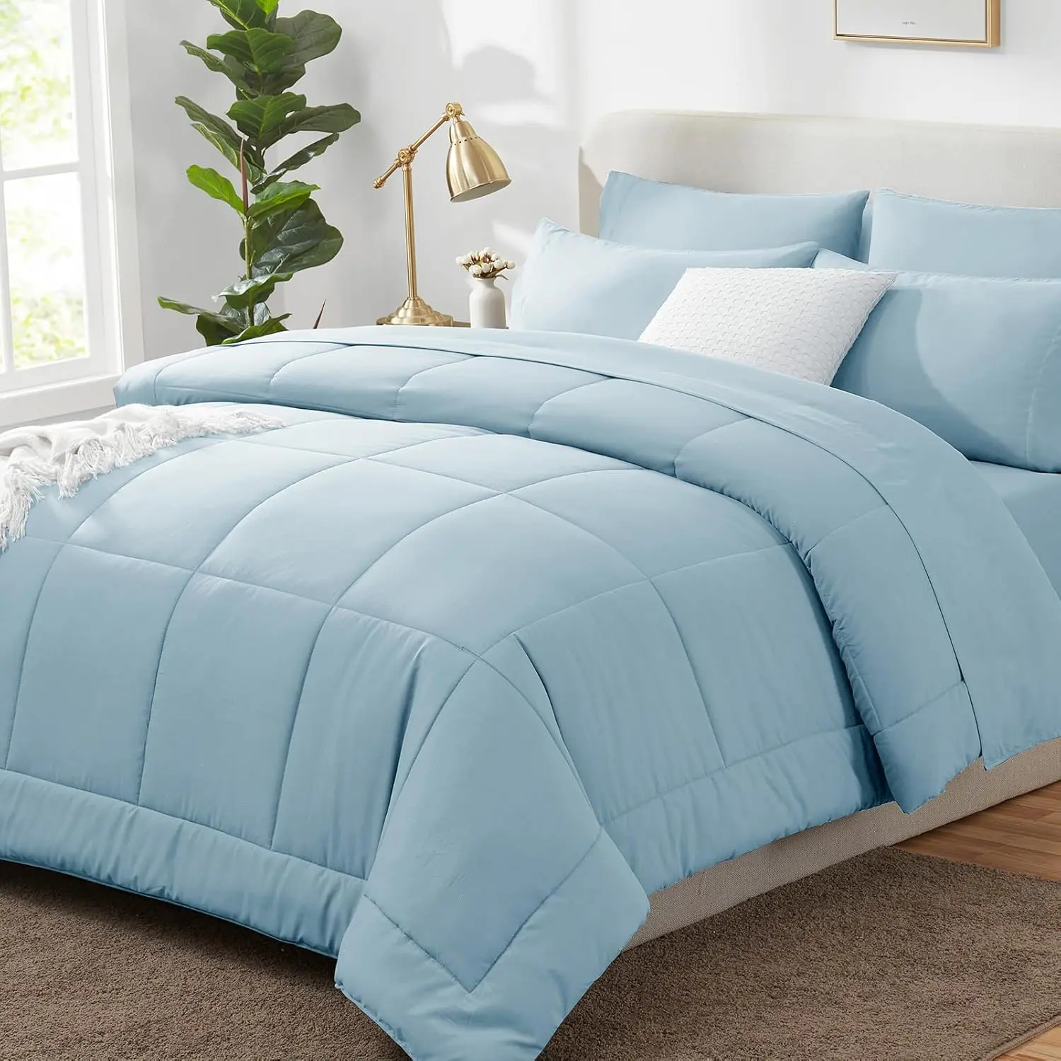 Light Purple Comforter King 7 Lavender Comforter King Size Sets for Women with Quilted Comforter, Flat Sheet, Sheet, Pillowcases