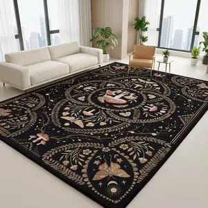 RUGIXE Machine Washable Black Cottagecore Area Rug 8x10 5x8 4x6 ft, Mushroom Butterfly Moon Phase Botanical Soft Velvet Low Pile Rug with TPR Non Slip Backing, Comfortable Durable Wear Resistant Floor Carpet for Bedroom Living Room Dorm