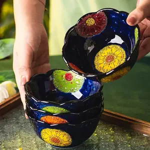 Ceramic 5-Inch Cereal Bowl Set, 4/6/8 Pieces, Microwave & Dishwasher Safe, 13.4 Oz Capacity, Floral Impression Dark Blue, Serving Bowls