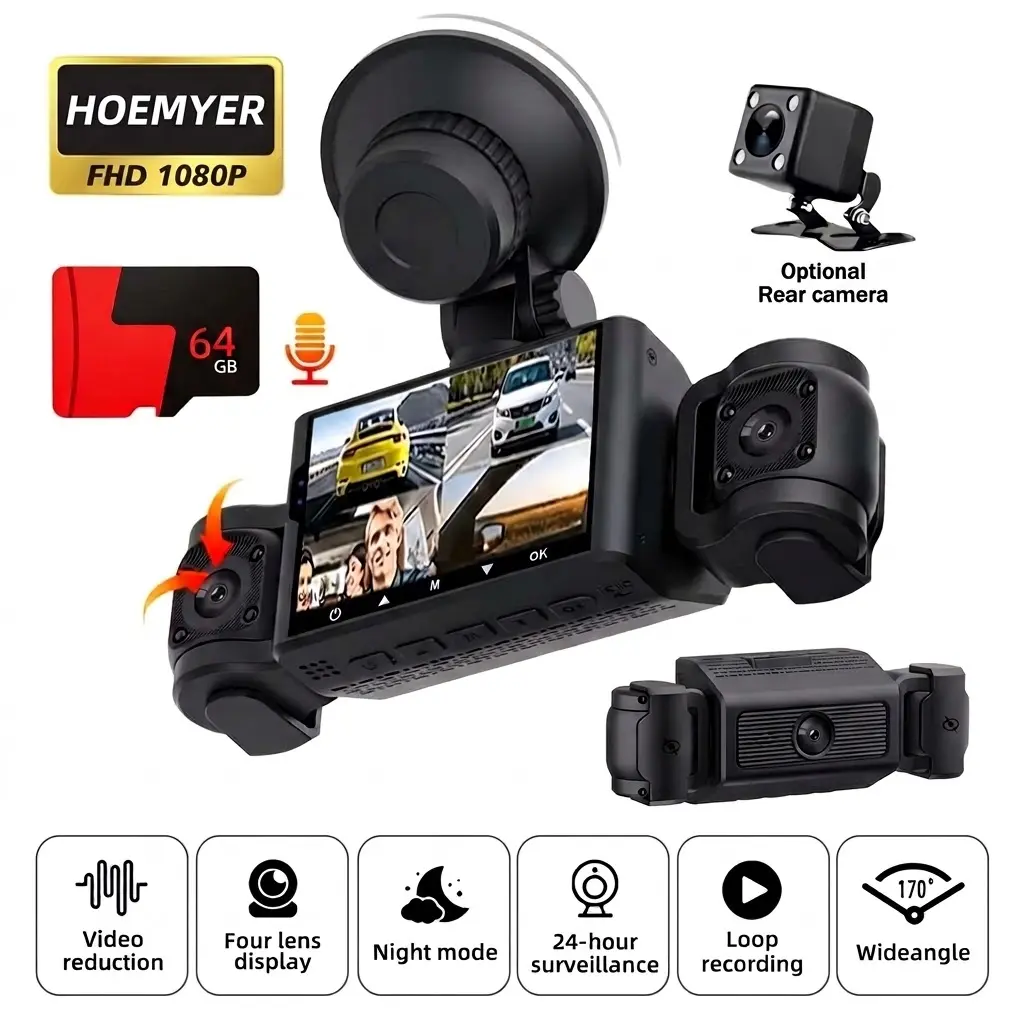 HOEMYER 3/4 Channel 1080P Car DVR Dashcam with 64GB, Collision Lock, Right Coverage, Plugged In Car Charger Required, No App, Truck Dash Camera, Automotive Dashcam for Cool Car Vibes, Perfect Halloween & Christmas Gift