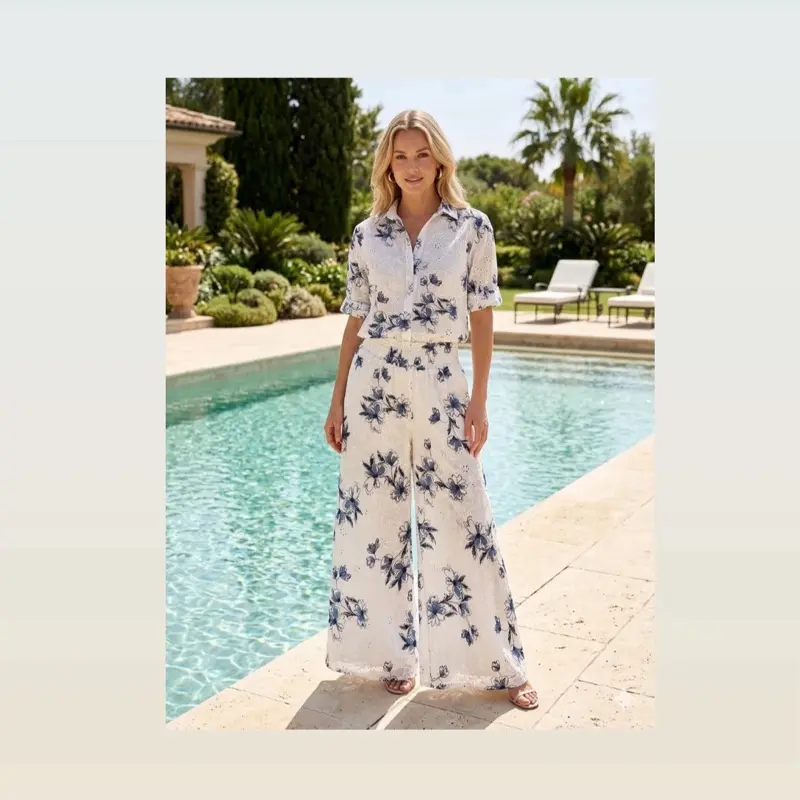 Women's Rebeka Floral White 2-Piece Set - Italian-Made, 1 Size (S-L), Button-Front Relaxed Shirt with Crisp Collar & Rolled Short Sleeves, High-Waisted Fluid Wide-Leg Trousers