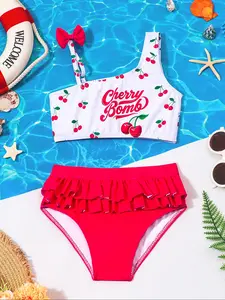 Girls' Two-Piece Bikini Swimsuit Set, Comfortable Fashion Design Bathing Suit, Cherry Print Beachwear, Perfect for Summer Vacation & Casual Wear, Swimwear Sets
