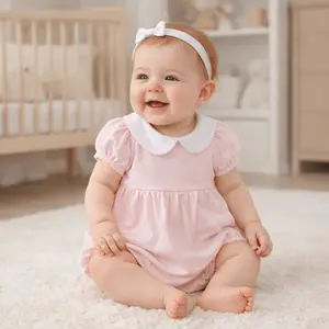 Magnolia Baby Girl Essentials Pink Collared Ruffle One Piece Bubble - Pima Cotton - Baby Girl Classic Clothing