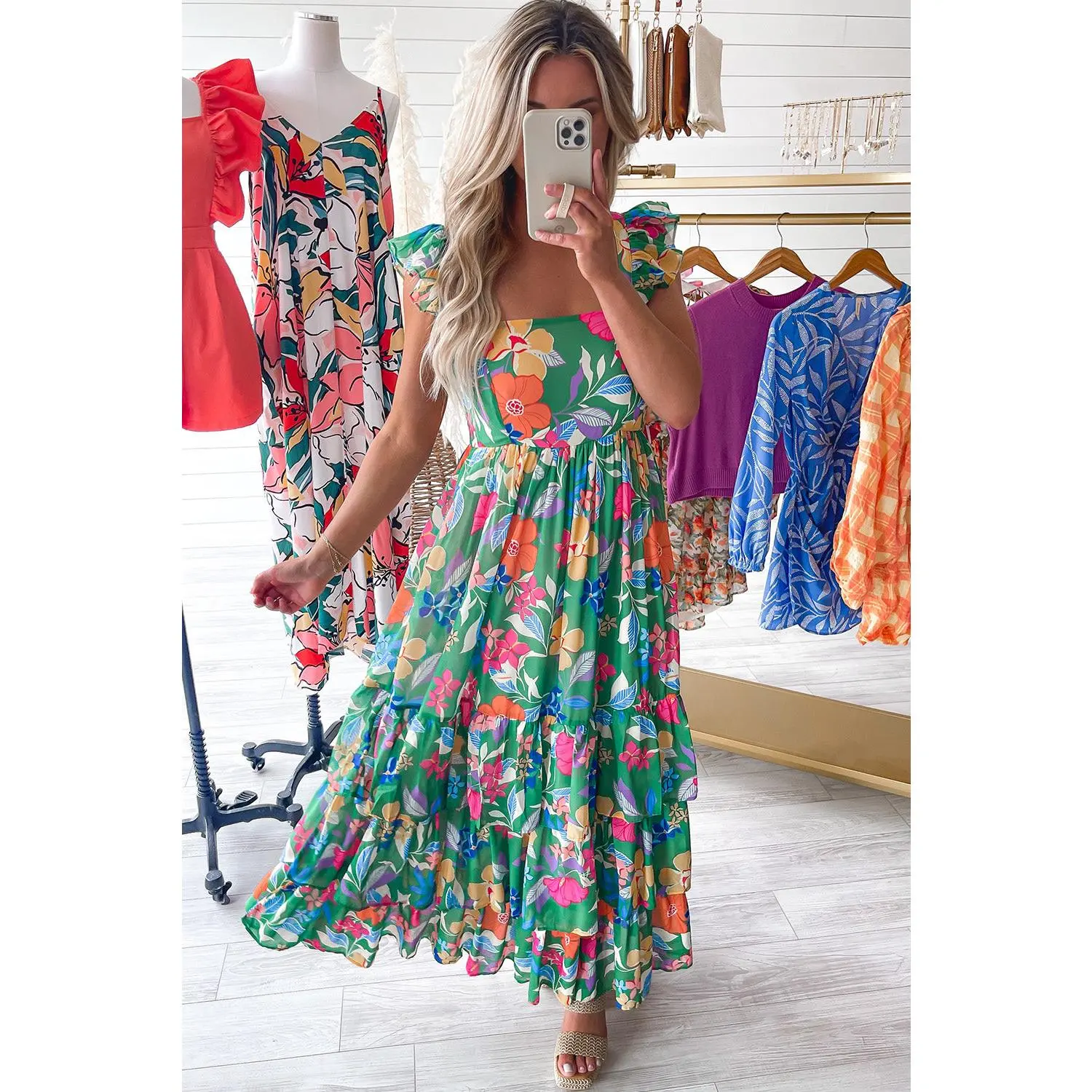 Green Floral Print Sleeveless Ruffle Tiered Maxi Dress - TikTok Shop
