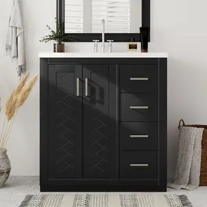 30'' Bathroom Vanity with Ceramic Sink Combo, Solid Wood Frame Bathroom Storage Cabinet, Freestanding Vanity Set with 3 Drawers& Soft Closing Doors
