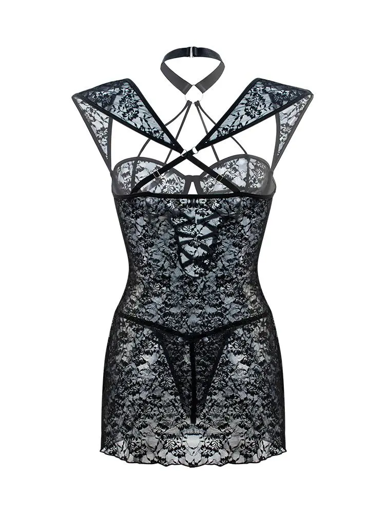 house dress Lace hollow sexy nightgown with steel rim Womenswear Lingerie lingerie sets lace soft breathable spicy body night see through sleepwear gift bra lovers sheer thong romantic Sculpting Bodysuit Black Bridal Basic Minimalist  Halloween