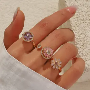 3Pcs/Set Trendy Flower Rotating Anti Stress Rings for Women Rotate Crystal Anxiety Relief Spinning Ring Girls - Perfect Gift for Friendship and Family